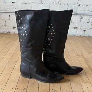 Black Leather Heeled Boots with Studded Detailing